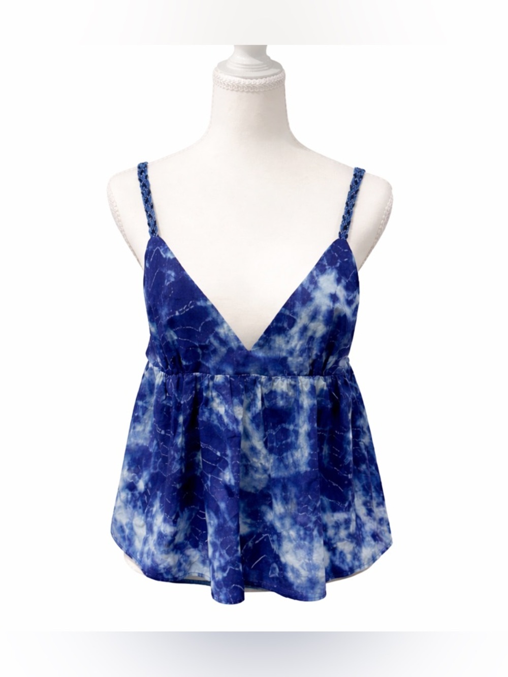 Zara Blue Tie Dye Babydoll Tank Top Size L V Neck Flowy Summer